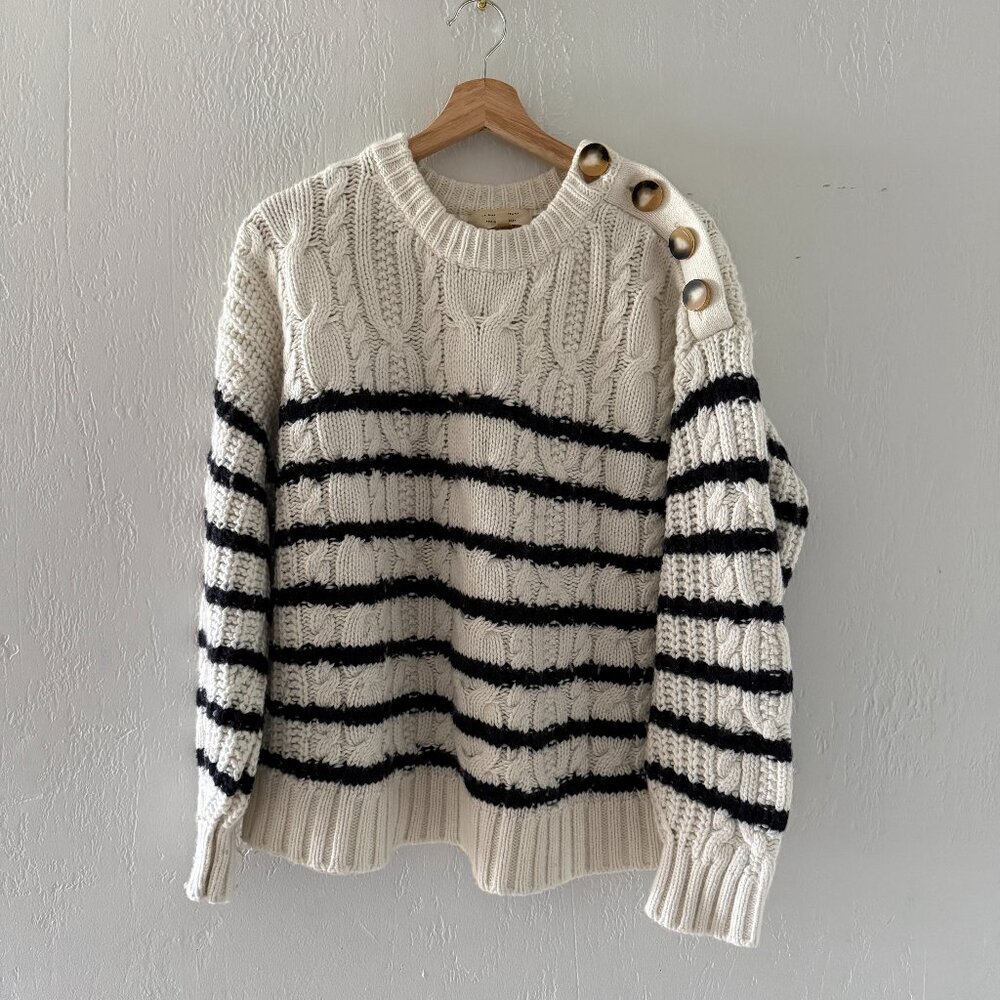 Sézane James Jumper | Ecru & Navy Striped Merino Wool Cable Knit Sweater